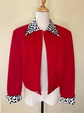 Cache Vintage 1990’s red cropped blazer w/Dalmatian print collar & cuffs Sz 4/6